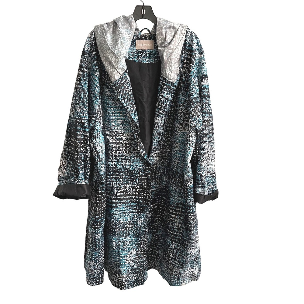 Woman Within Rain Jacket Womens 32W Teal Abstract Hooded Plus Size Trench Coat